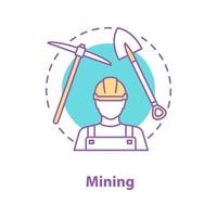 Mining industry concept icon. Minerals extraction idea thin line illustration. Miner, shovel, pickaxe. Vector isolated outline drawing