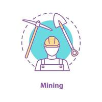 Mining industry concept icon. Minerals extraction idea thin line illustration. Miner, shovel, pickaxe. Vector isolated outline drawing