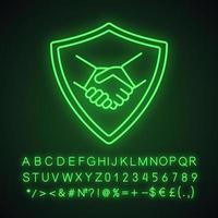 Safe bargain neon light icon. Protection shield with handshake. Glowing sign with alphabet, numbers and symbols. Vector isolated illustration