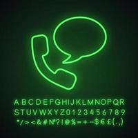 Handset with speech bubble neon light icon. Hotline. Telephone support. Voice message. Glowing sign with alphabet, numbers and symbols. Vector isolated illustration