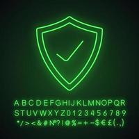 Security check neon light icon. Protection shield with tick mark. Glowing sign with alphabet, numbers and symbols. Vector isolated illustration