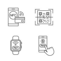 E-payment linear icons set. Pay with smartphone, NFC smartwatch, QR code scanner, contactless payment. Thin line contour symbols. Isolated vector outline illustrations. Editable stroke