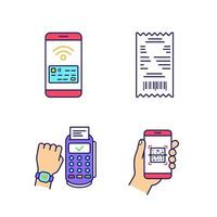NFC payment color icons set. Cash receipt, QR code scanner, NFC smartphone and smartwatch. Isolated vector illustrations