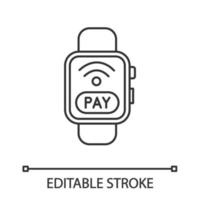 Smartwatch NFC payment linear icon. Thin line illustration. Pay with smart wristwatch. Contactless payment. Contour symbol. Vector isolated outline drawing. Editable stroke