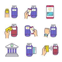 NFC payment color icons set. Pay with smartphone and credit card, online banking, POS terminal, NFC smartwatch and manicure. Isolated vector illustrations