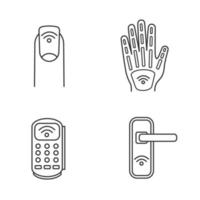 NFC technology linear icons set. Near field manicure, hand implant, POS terminal, door lock. Thin line contour symbols. Isolated vector outline illustrations. Editable stroke