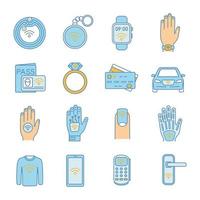 NFC technology color icons set. Near field communication. RFID and nfc tag, sticker, phone, trinket, ring, implant. Contactless technology. Isolated vector illustrations