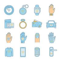 NFC technology color icons set. Near field communication. RFID and nfc tag, sticker, phone, trinket, ring, implant. Contactless technology. Isolated vector illustrations