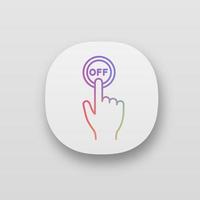 Turn off button click app icon. UI UX user interface. Shutdown. Power off. Hand pressing button. Web or mobile application. Vector isolated illustration