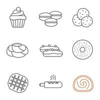 conjunto de iconos lineales de panadería. cupcake, macarons, chispas de chocolate, pan de hojaldre, eclair, bagel, gofre belga, perrito caliente francés, rollo suizo. símbolos de contorno de línea delgada. Ilustraciones de vectores aislados