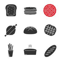 conjunto de iconos de glifo de panadería. tostadas, panqueques, pastel, rodillo, pan de centeno, gofre belga, grissini, pan de ladrillo. símbolos de silueta. ilustración vectorial aislada vector