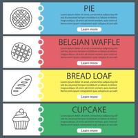 Bakery web banner templates set. Pie, belgian waffle, bread loaf, cupcake. Website color menu items with linear icons. Vector headers design concepts