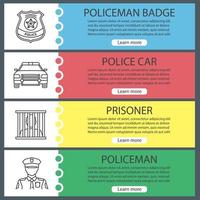 Police web banner templates set. Policeman, badge, car, prisoner. Website color menu items with linear icons. Vector headers design concepts