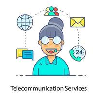 Telecommunication services vector style, female wearing headphones