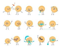 Cute milk cookie character with happy or sad emotions, panic, loving or brave face, hands and legs. Cheerful baking person, biscuit with expression with mask, glasses or hat. Vector flat illustration