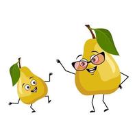 Pear character with happy crazy emotion dancing, joyful face, smile eyes, arms and legs. Person with expression, fruit emoticon. Vector flat illustration