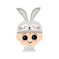 Avatar of boy with big eyes and wide happy smile in cute rabbit hat with long ears. Head of child with joyful face for holiday Easter, New Year or carnival costume for party. Vector flat illustration