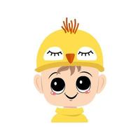 Avatar of boy with big eyes and wide happy smile in cute yellow chicken hat. Head of child with joyful face for holiday Easter, New Year or costume for party. Vector flat illustration