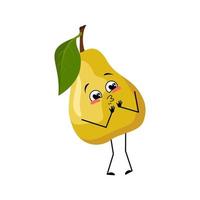 Pear character with love emotions, smile face, arms and legs. Person with happy expression, fruit emoticon. Vector flat illustration