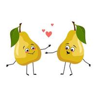 Pear character with love emotions, smile face, arms and legs. Person with happy expression, fruit emoticon. Vector flat illustration