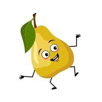 Pear character with happy crazy emotion dancing, joyful face, smile eyes, arms and legs. Person with expression, fruit emoticon. Vector flat illustration