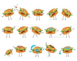 Cute hamburger character with happy or sad emotions, panic, loving or brave face, hands and legs. Cheerful fast food person, sandwich with expression, mask, glasses or hat. Vector flat illustration