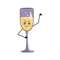 Glasses of sparkling wine character with emotions of hero, brave face, arms and legs. Alcohol man with courage expression, glass container for holidays and parties. Vector flat illustration