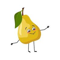 Pear character with happy emotion, joyful face, smile eyes, arms and legs. Person with expression, fruit emoticon. Vector flat illustration