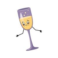 Glasses of sparkling wine character with sad emotions, depressed face, down eyes, arms and legs. Alcohol man with melancholy expression, glass container for holidays and parties. Vector illustration