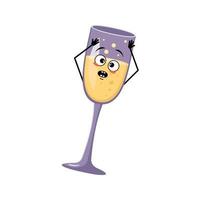 Glasses of sparkling wine character with emotions in panic grabs his head, surprised face, shocked eyes, arms and legs. Alcohol man with scared expression, glass container for holidays and parties vector