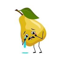 Pear character with crying and tears emotion, sad face, depressive eyes. Person with melancholy expression, fruit emoticon. Vector flat illustration