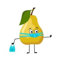 Pear character with sad emotions, face and mask keep distance, hands with shopping bag and stop gesture. Person with care expression, fruit emoticon. Vector flat illustration