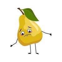 Pear character with sad emotions, depressed face, down eyes, arms and legs. Person with melancholy expression, fruit emoticon. Vector flat illustration