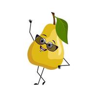 Pear character with happy emotion with glasses, joyful face, smile eyes, arms and legs. Person with expression, fruit emoticon. Vector flat illustration