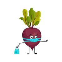 Beet character with sad emotions, face and mask keep distance, hands with shopping bag and stop gesture. Person with care expression, vegetable emoticon. Vector flat illustration