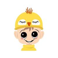 Avatar of boy with big eyes and wide happy smile in cute yellow chicken hat. Head of child with joyful face for holiday Easter, New Year or costume for party. Vector flat illustration