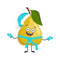 Pear character with happy emotion with happy emotion, joyful face, smile eyes, arms and legs with scarf and mittens. Person for Christmas and New year. Vector flat illustration