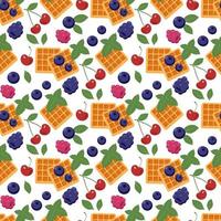 Seamless pattern with waffle and cherries, blueberries and blackberries and mint leaves. Print with fresh pastries for breakfast with healthy berries and fruits. Vector flat illustration