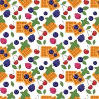 Seamless pattern with waffle and cherries, blueberries and blackberries and mint leaves. Print with fresh pastries for breakfast with healthy berries and fruits. Vector flat illustration