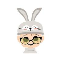 Avatar of boy with big eyes and wide happy smile in cute rabbit hat with glasses. Head of child with joyful face for holiday Easter, New Year or carnival costume for party. Vector flat illustration