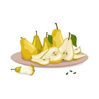 Set of yellow pears on plate. Whole fruit with leaf, halves and slice with seeds. Source of vitamins. Food for healthy diet. Sweet fresh snack. Vector flat illustration