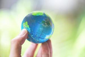 The world in the hand with nature background hand holding globe environment green planet save the earth day photo