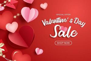 Valentines day sale banner template with heart and text on red background. vector