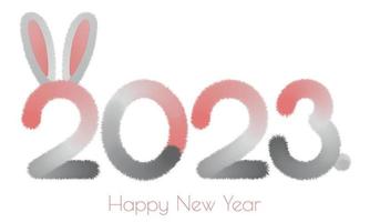 Happy New Year of Rabbit. Fluffy numbers 2023 with rabbit ears and tail. Greeting card design in gray, white and pink colors. Vector illustration