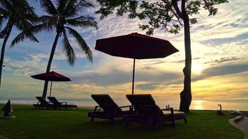 umbrella and beach chair with coconut palm tree and sea beach background and twilight sky - holiday and vacation video