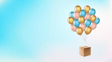 Air balloons holding cardboard box flying. vector