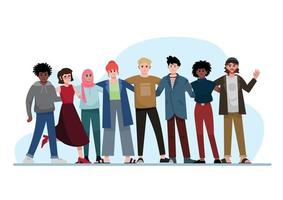 Group of different nationalities people standing together with hugging, diversity and social equity concept, vector illustration