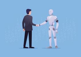 Business man handshake with robot, human and artificial intelligence AI concept, vector illustration