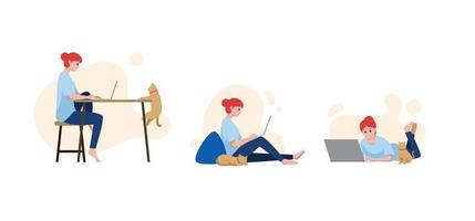 Woman wearing casual clothes using laptop in different poses, vector illustration