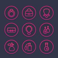 accessories, jewelry, perfume icons set in line style vector